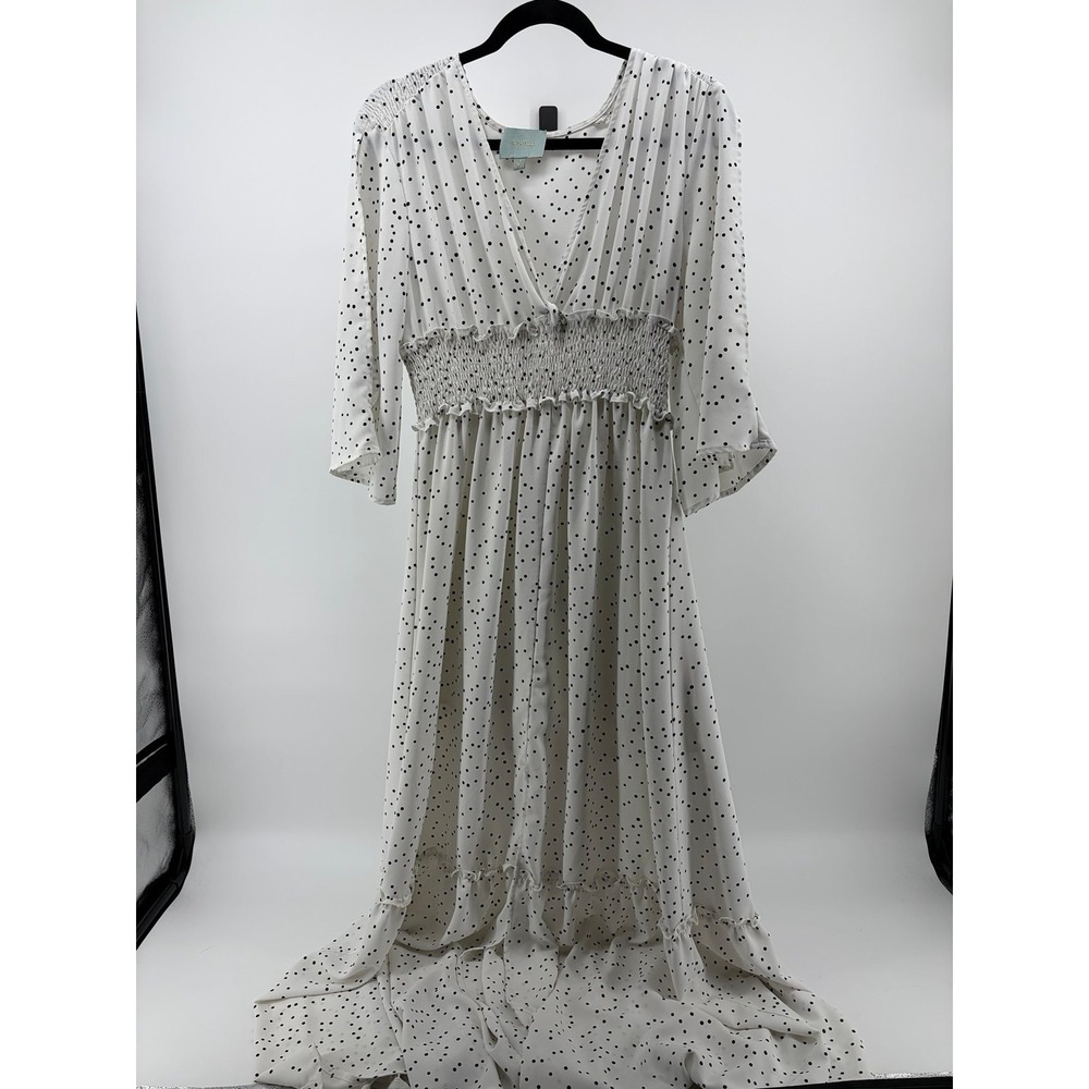 Skies Are Blue, White Polka Dot Maxi Dress, Smocked Waist, Boho Cottage Core XL